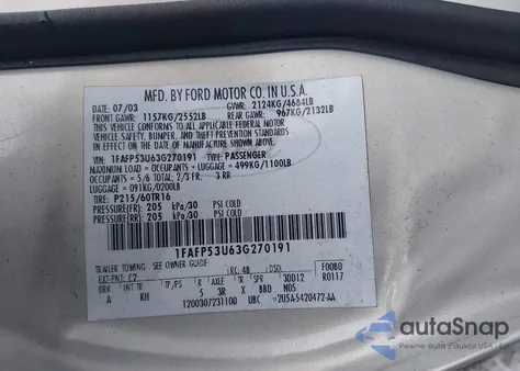 2003 Ford Taurus Se z USA, uszkodzony, nr VIN 1FAFP53U63G270191